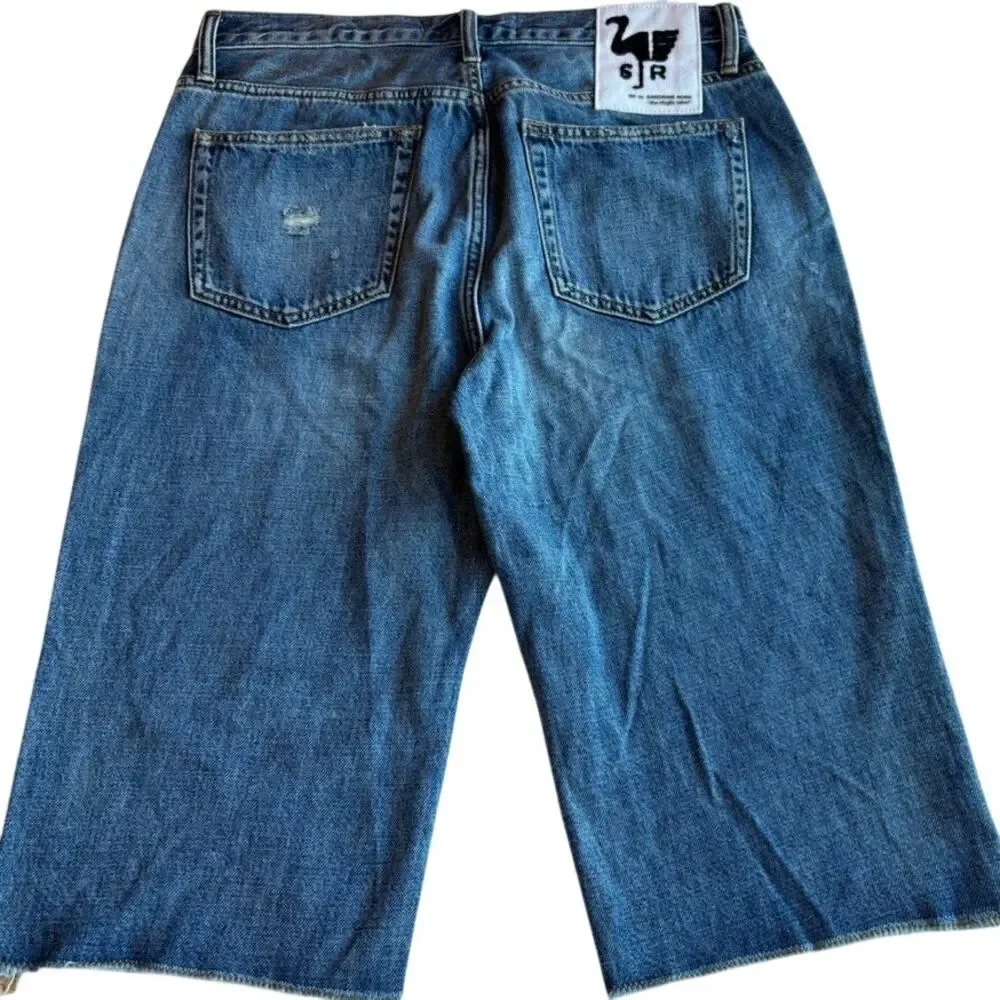 NWOT SR vs SANDRINE ROSE Cut-Off Denim Jeans Baggy Long Shorts Distressed Ripped